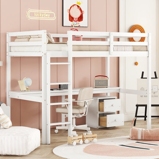 Sesslife Twin Loft Bed with Stairs and Safety Guardrail, Wood Loft Bed Frame with Built-in Desk and 2-Drawer Storage Cabinet for Kids Teens Adults, Large Under Bed Space, No Box Spring Needed, White