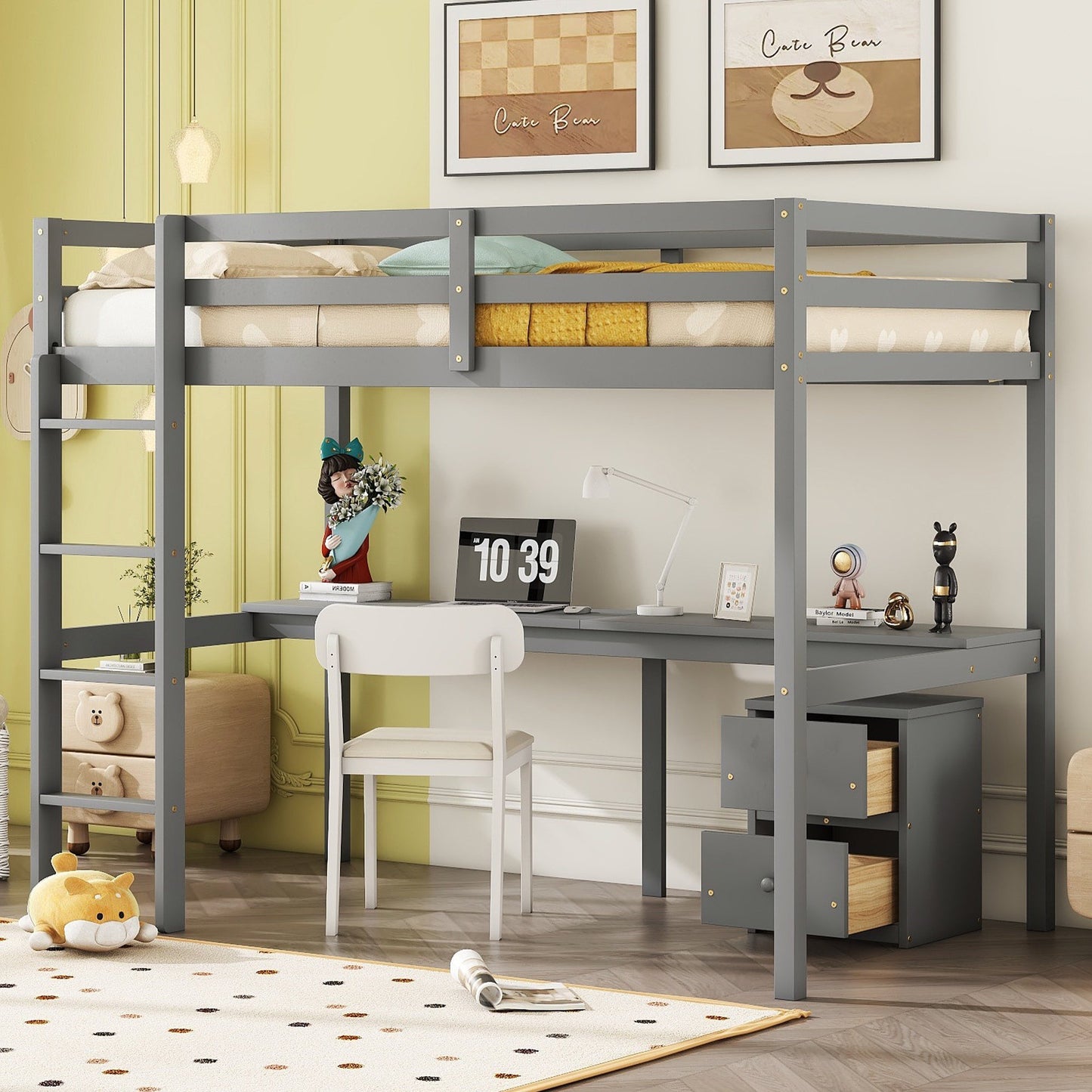 Sesslife Twin Loft Bed with Stairs and Safety Guardrail, Wood Loft Bed Frame with Built-in Desk and 2-Drawer Storage Cabinet for Kids Teens Adults, Large Under Bed Space, No Box Spring Needed, White