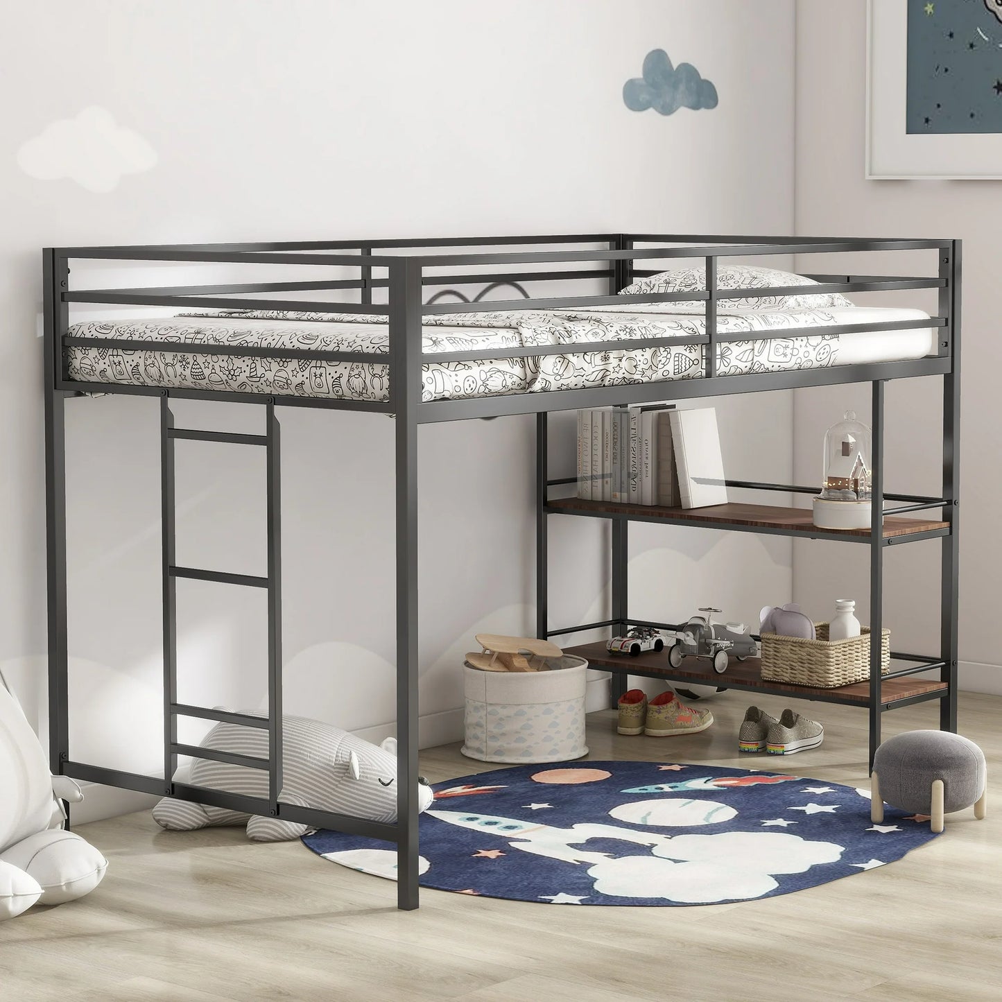 Sesslife Twin Low Loft Bed Frame, Sturdy Metal Loft Bed with 2 Storage Shelves, Modern Twin Size Bed Frame with Ladder and Safety Full-Length Guardrails for Kids Teens, No Box Spring Needed, Black