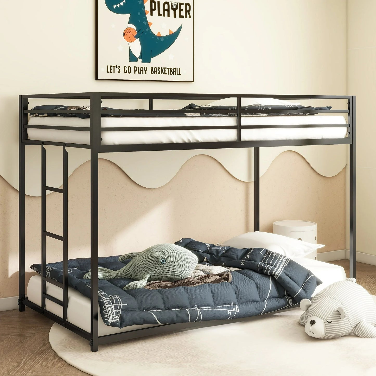 Sesslife Low Bunk Bed for Kids, Twin Over Twin Floor Bunk Bed with Safe Full-Length Guard Rails and Ladder for Boys Girls, Heavy Duty Steel Bed Frame for Bedroom, No Box Spring Needed, Black