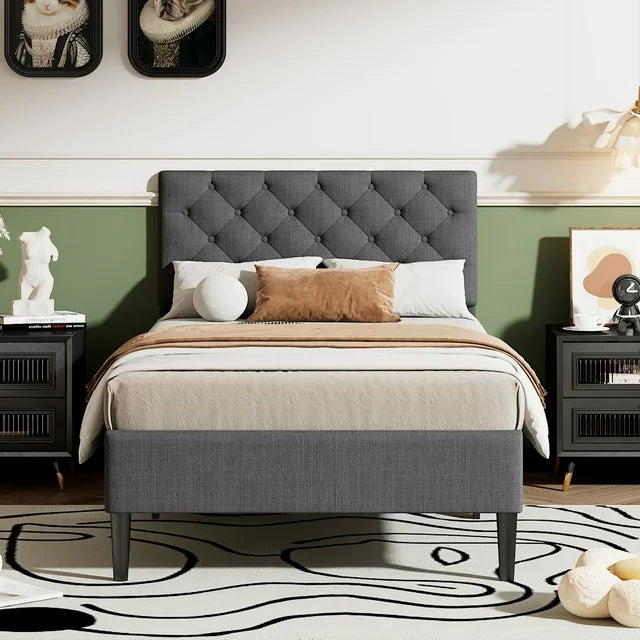 Sesslife Twin Platform Bed Frame, Modern Upholstered Bed with Headboard and Wood Slat Support, Noise-Free, No Box Spring Needed, Gray