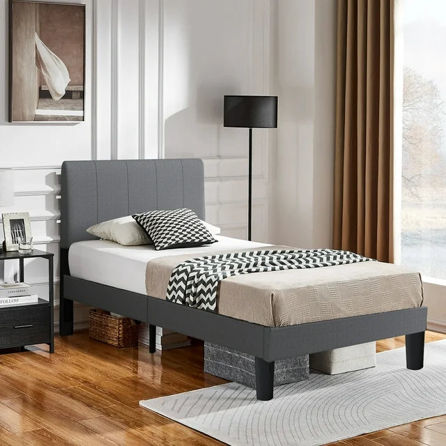 Sesslife Gray Platform Bed Frame, Twin Bed Frame with Upholstered Headboard, Twin Floor Bed Frame, Mattress Foundation, No Box Spring Needed, Easy Assembly