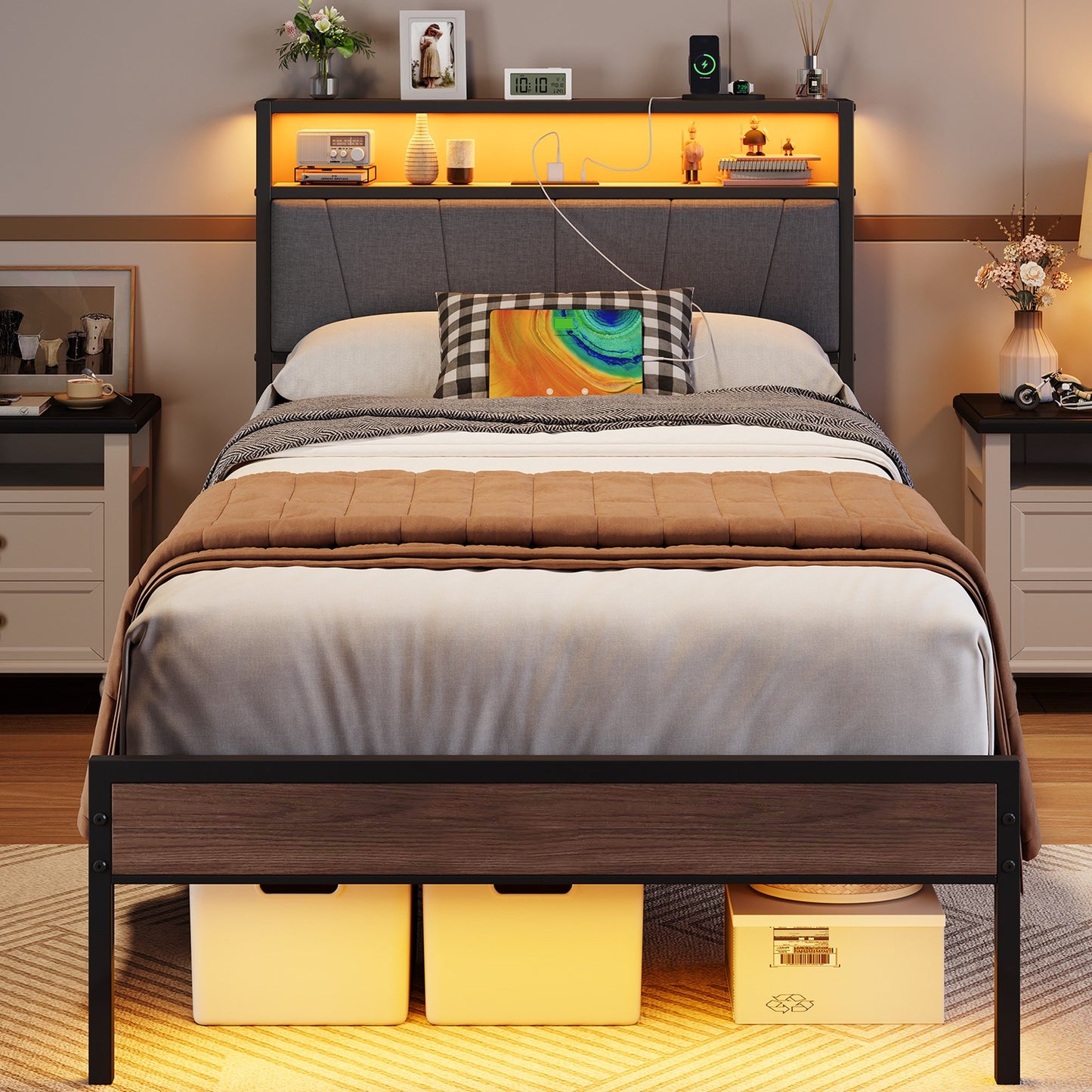 Sesslife Twin Size Bed Frame with Fabric Upholstered Storage Headboard and Charging Station, LED Metal Platform Bed with Headboard and Footboard RGB Lights, No Box Spring Needed, Noise Free, Gray