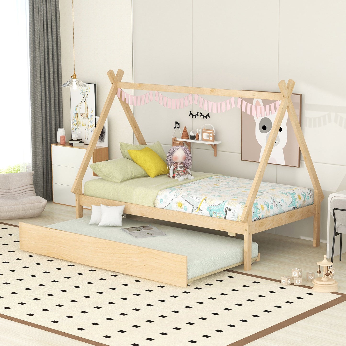 Sesslife Twin Size Bed Frame with Trundle, Solid Wood Tent-Shaped Teepee Floor Bed For Boys Girls, Cute Kids Bed Platform Bed with Strong Slats Support, Easy Assembly, No Box Spring Needed, Gray