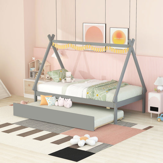 Sesslife Twin Size Bed Frame with Trundle, Solid Wood Tent-Shaped Teepee Floor Bed For Boys Girls, Cute Kids Bed Platform Bed with Strong Slats Support, Easy Assembly, No Box Spring Needed, Gray