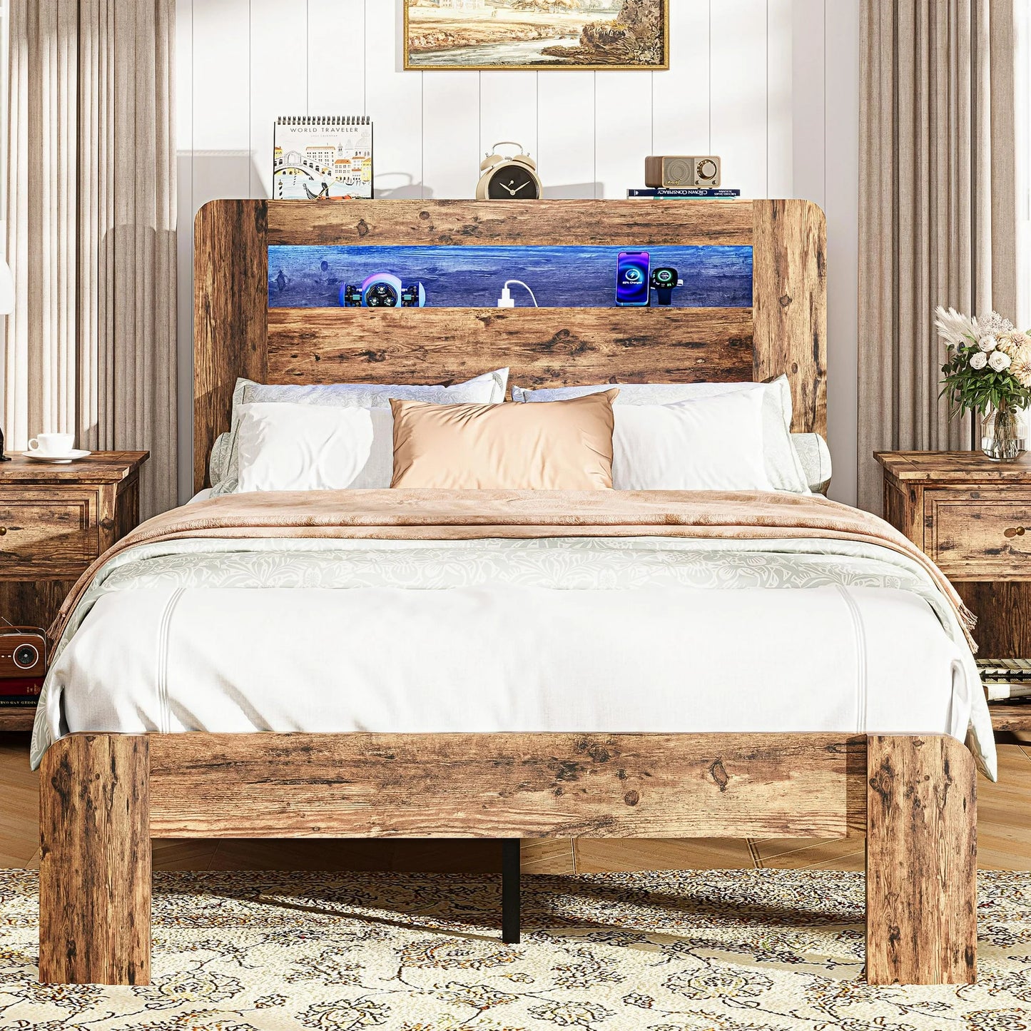SESSLIFE Twin Bed Frame with LED Headboard, Modern Wood Bed Frame with Charging Station, Platform Bed with Under Bed Storage for Bedroom, Easy Assembly,Brown