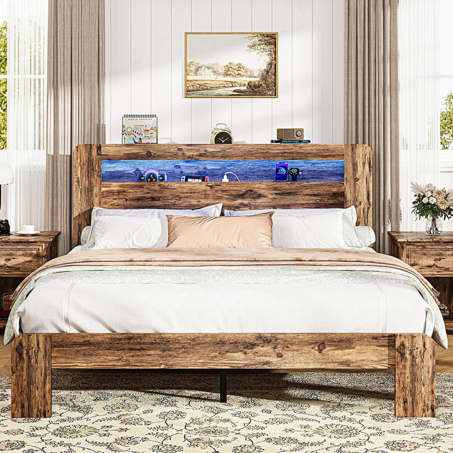 ENYOPRO Twin Bed Frame with Storage Headboard, Wood Platform Bed with LED Strips and Charging Station, Heavy Duty Mattress Foundation, Hold 350 LBS, Easy Assembly, Brown