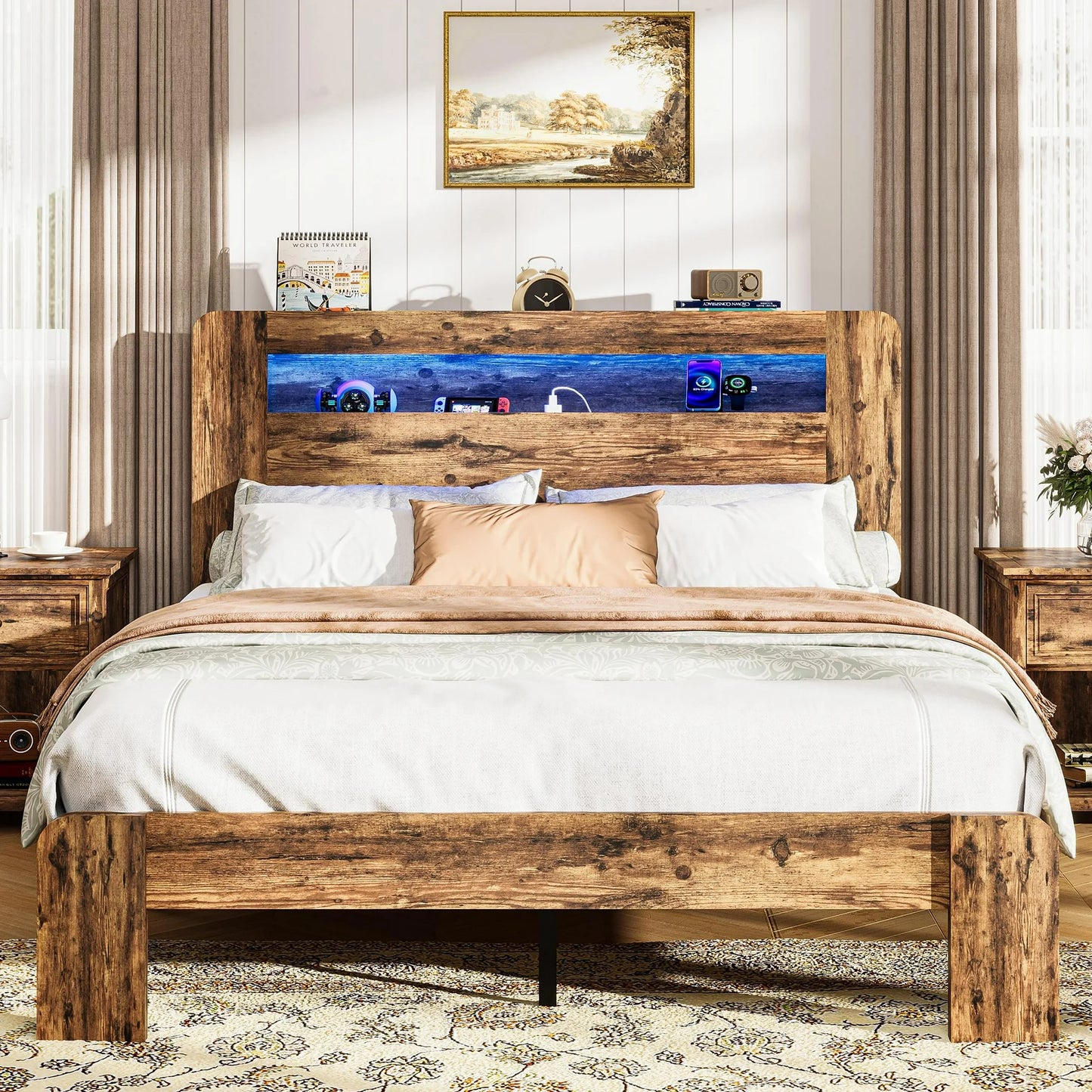 ENYOPRO Twin Bed Frame with Storage Headboard, Wood Platform Bed with LED Strips and Charging Station, Heavy Duty Mattress Foundation, Hold 350 LBS, Easy Assembly, Brown