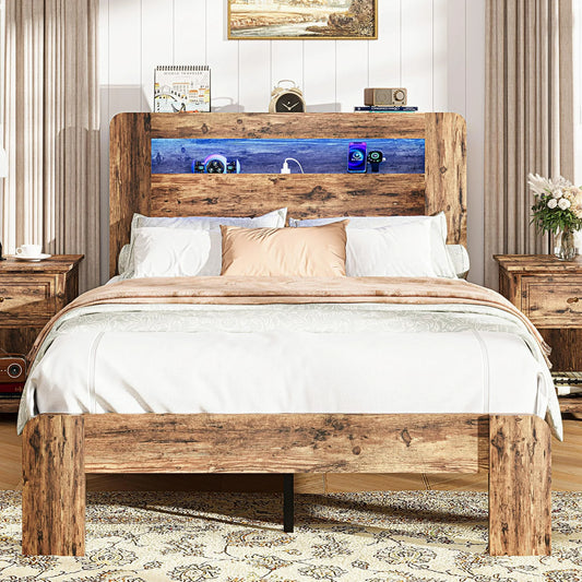 ENYOPRO Twin Bed Frame with Storage Headboard, Wood Platform Bed with LED Strips and Charging Station, Heavy Duty Mattress Foundation, Hold 350 LBS, Easy Assembly, Brown