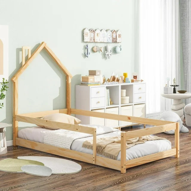 Sesslife Twin Size Floor Bed Frame with House-shaped Headboard, Wood Montessori Floor Beds with Fences, Floor Beds Frame for Boys and Girls, Box Spring Needed(White)