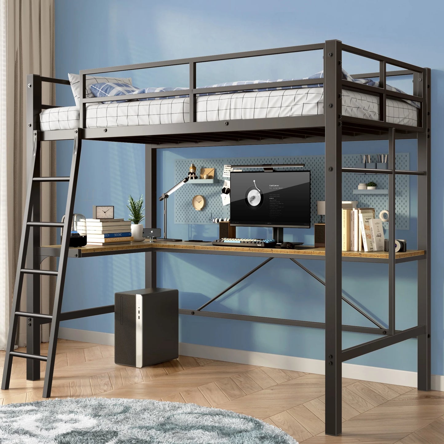 Sesslife Twin Size Heavy Duty Loft Bed, Metal Loft Bed Frame with L-Shaped desk and Charging Station, Modern Square Twin Bed with Ladder and Safety Full-Length Guardrail, No Box Spring Needed, Black