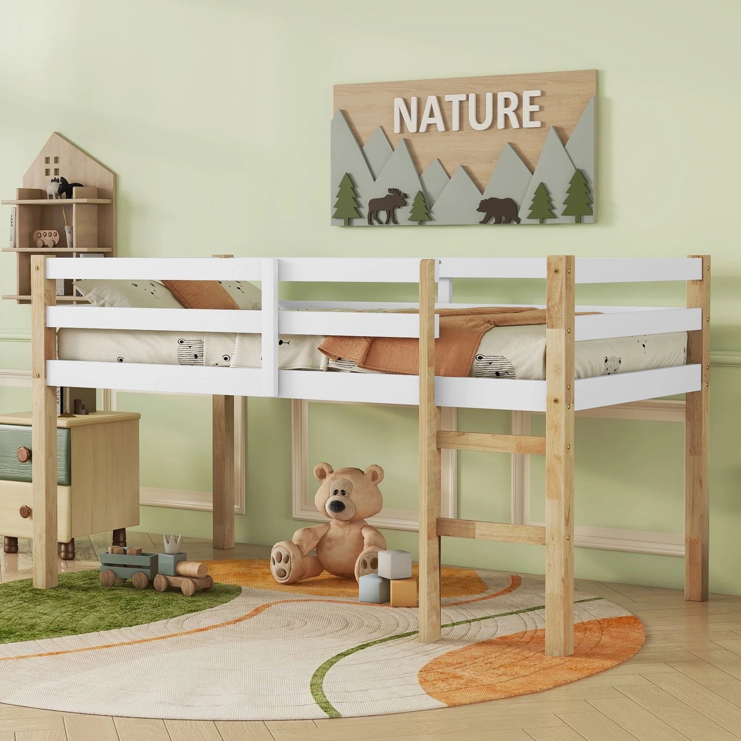 Sesslife Twin Size Loft Bed with Ladder, Solid Wood Loft Bed Frame with Large Under Bed Space, Modern Low Loft Bed with 8 Wooden Slats for Kids Boys Girls, Easy Assembly, No Box Spring Needed, White