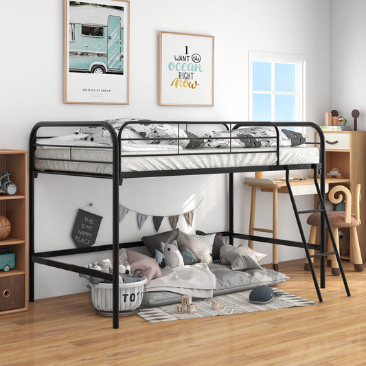 Sesslife Twin Size Loft Bed, Metal Loft Bed Frame with Large Under Storage Space, Modern Low Loft Bed with Ladder and Safety Guardrails for Kids Teens, No Box Spring Needed, Black