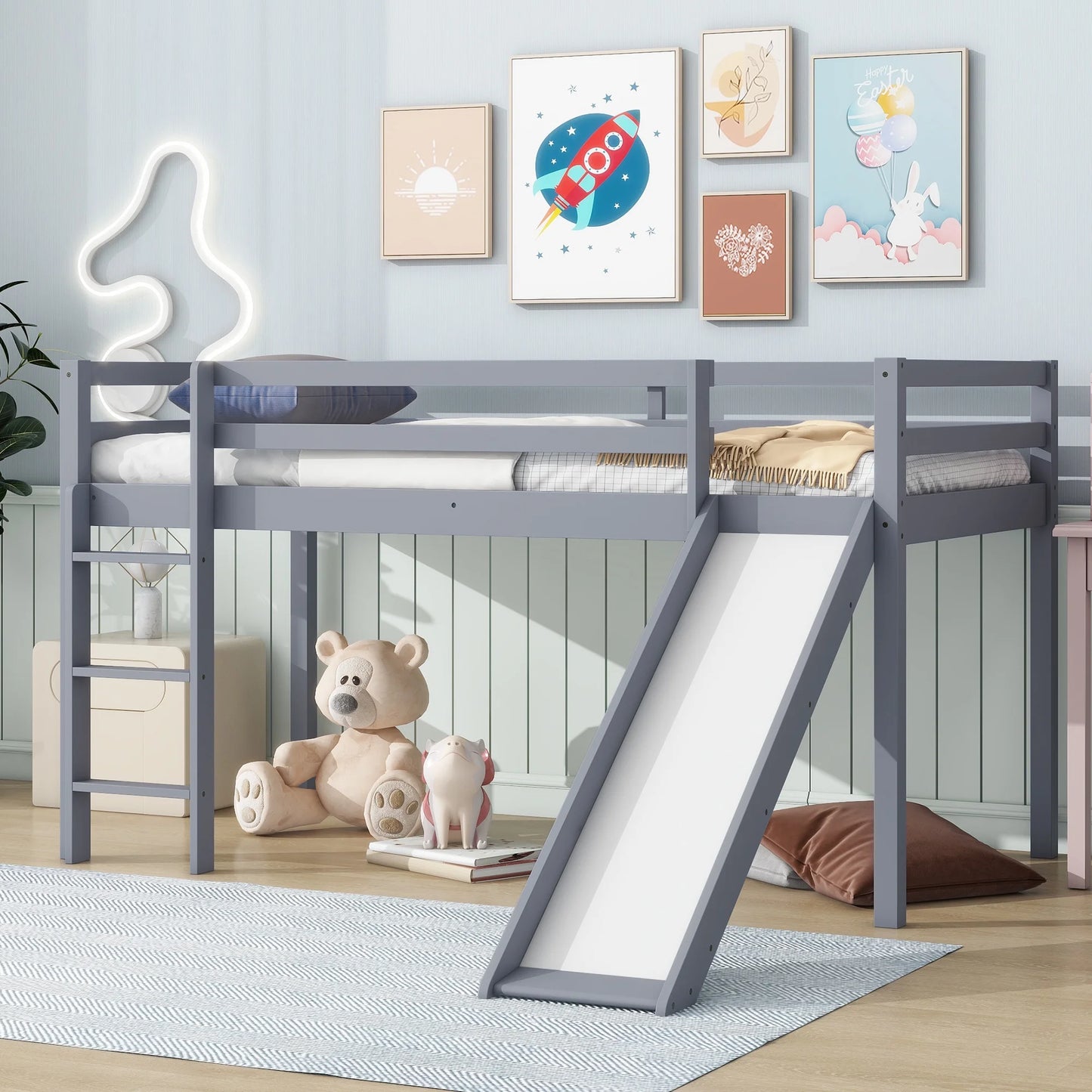 Sesslife Twin Size Loft Bed with Slide and Ladder, Modern Low Loft Bed with Large Under Bed Space, Solid Wood Loft Bed Frame with Safety Guardrail for Kids Boys Girls, No Box Spring Needed, Gray