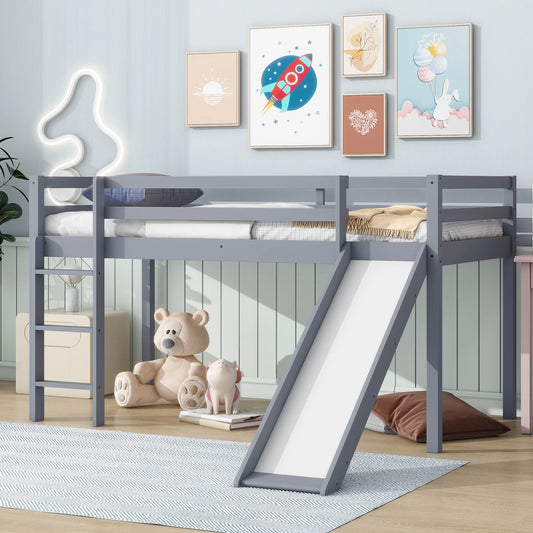 Sesslife Twin Size Loft Bed with Slide and Ladder, Modern Low Loft Bed with Large Under Bed Space, Solid Wood Loft Bed Frame with Safety Guardrail for Kids Boys Girls, No Box Spring Needed, Gray