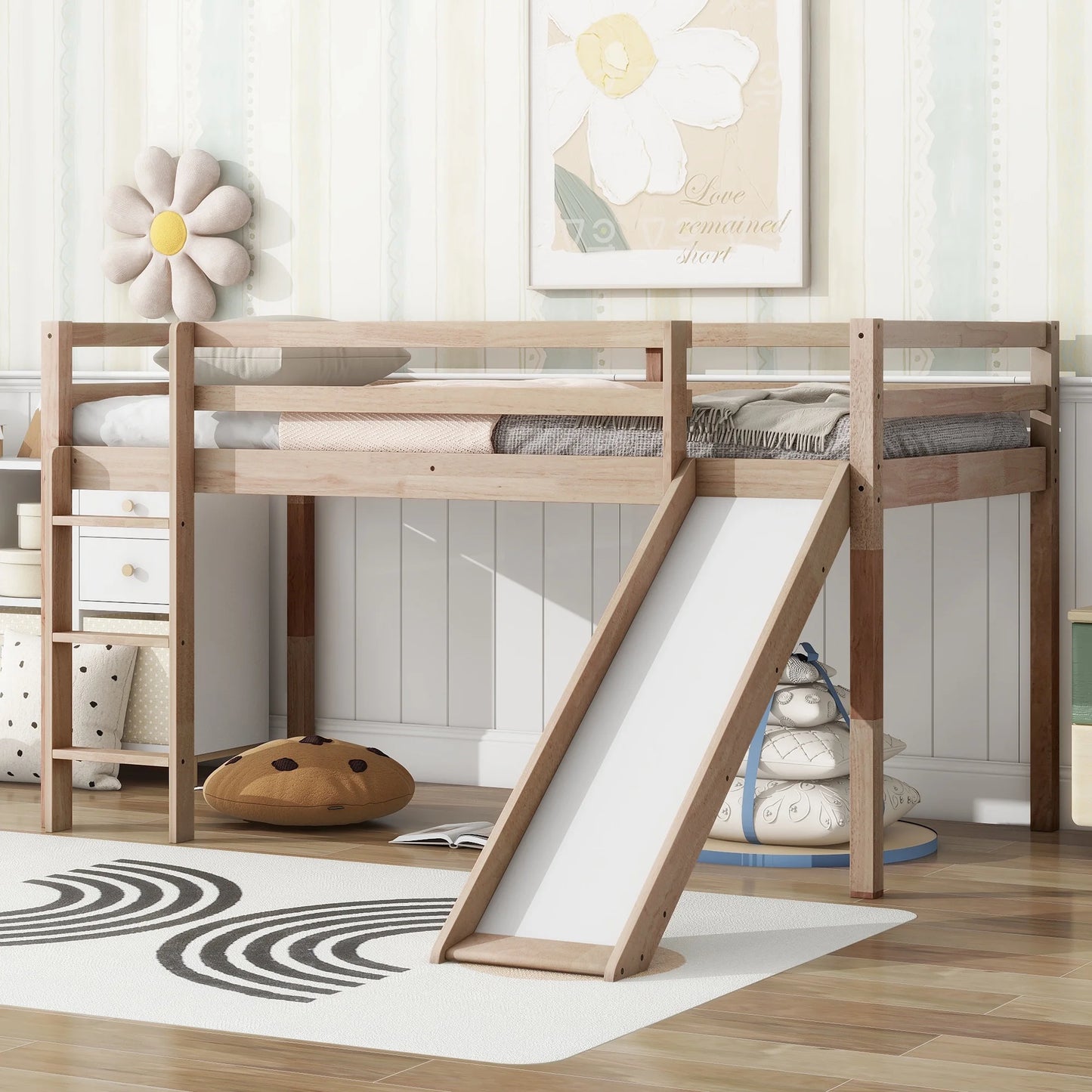 Sesslife Twin Size Loft Bed with Slide and Ladder, Modern Low Loft Bed with Large Under Bed Space, Solid Wood Loft Bed Frame with Safety Guardrail for Kids Boys Girls, No Box Spring Needed, Gray