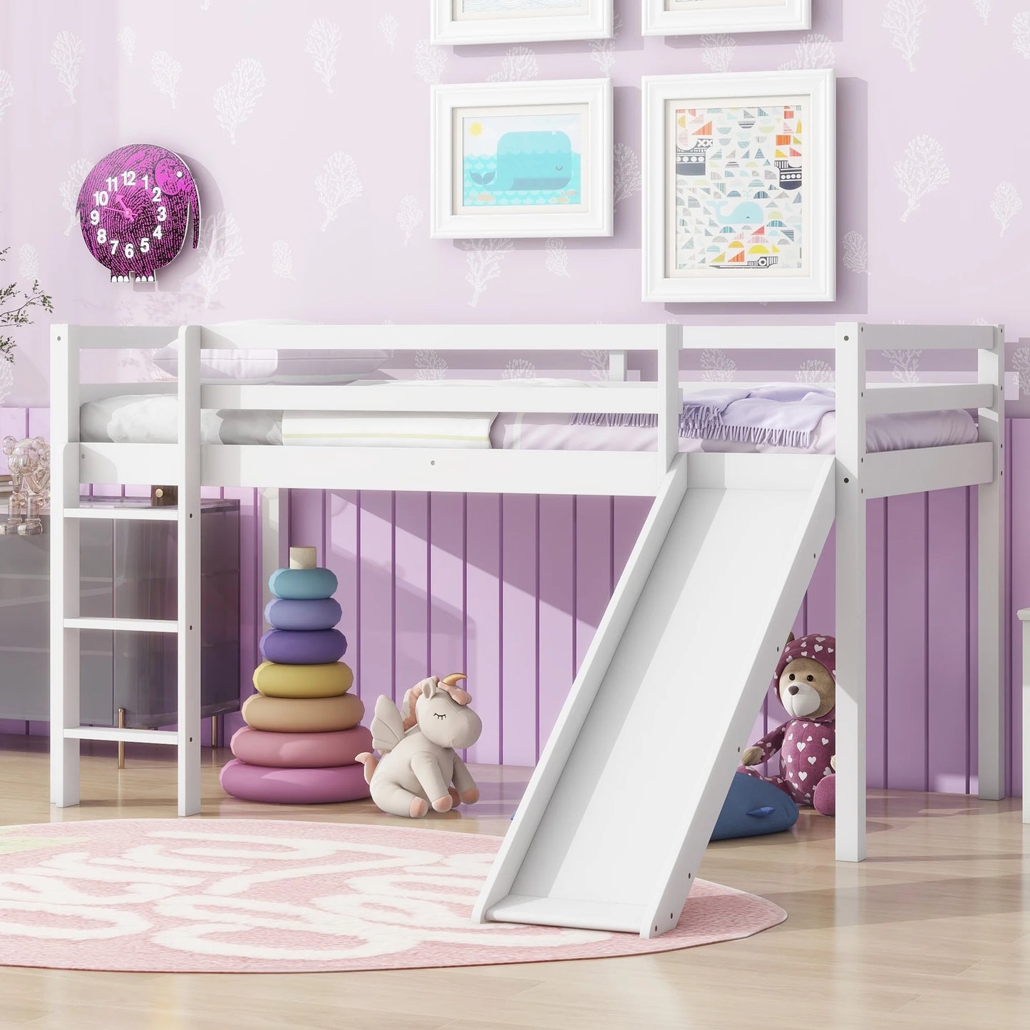 Sesslife Twin Size Loft Bed with Slide and Ladder, Modern Low Loft Bed with Large Under Bed Space, Solid Wood Loft Bed Frame with Safety Guardrail for Kids Boys Girls, No Box Spring Needed, Gray