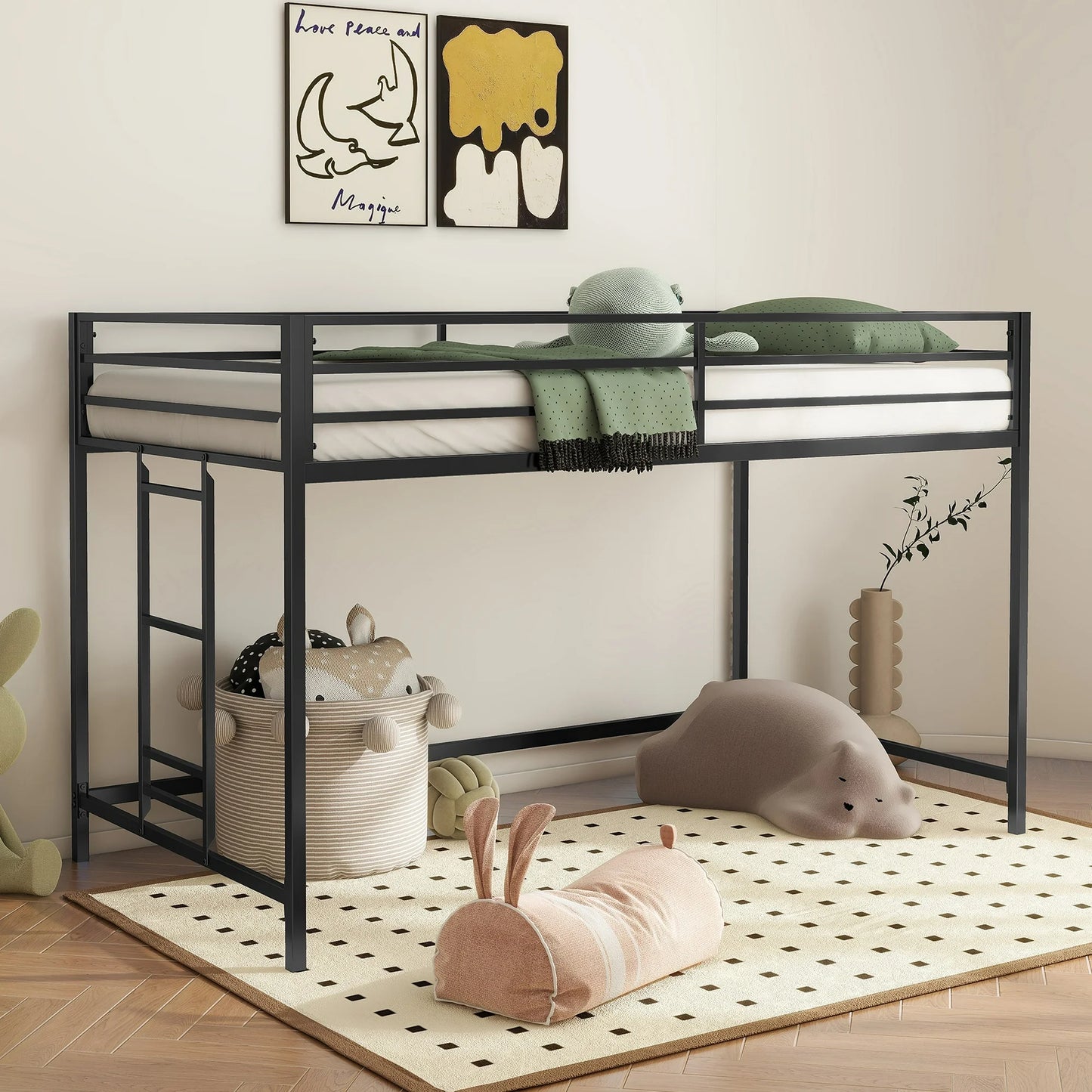 Sesslife Twin Size Low Loft Bed, Metal Loft Bed Frame with Ladder and Safety Full-Length Guardrails, Modern Square Twin Bed with Under Storage Space for Kids Teens, No Box Spring Needed, Black