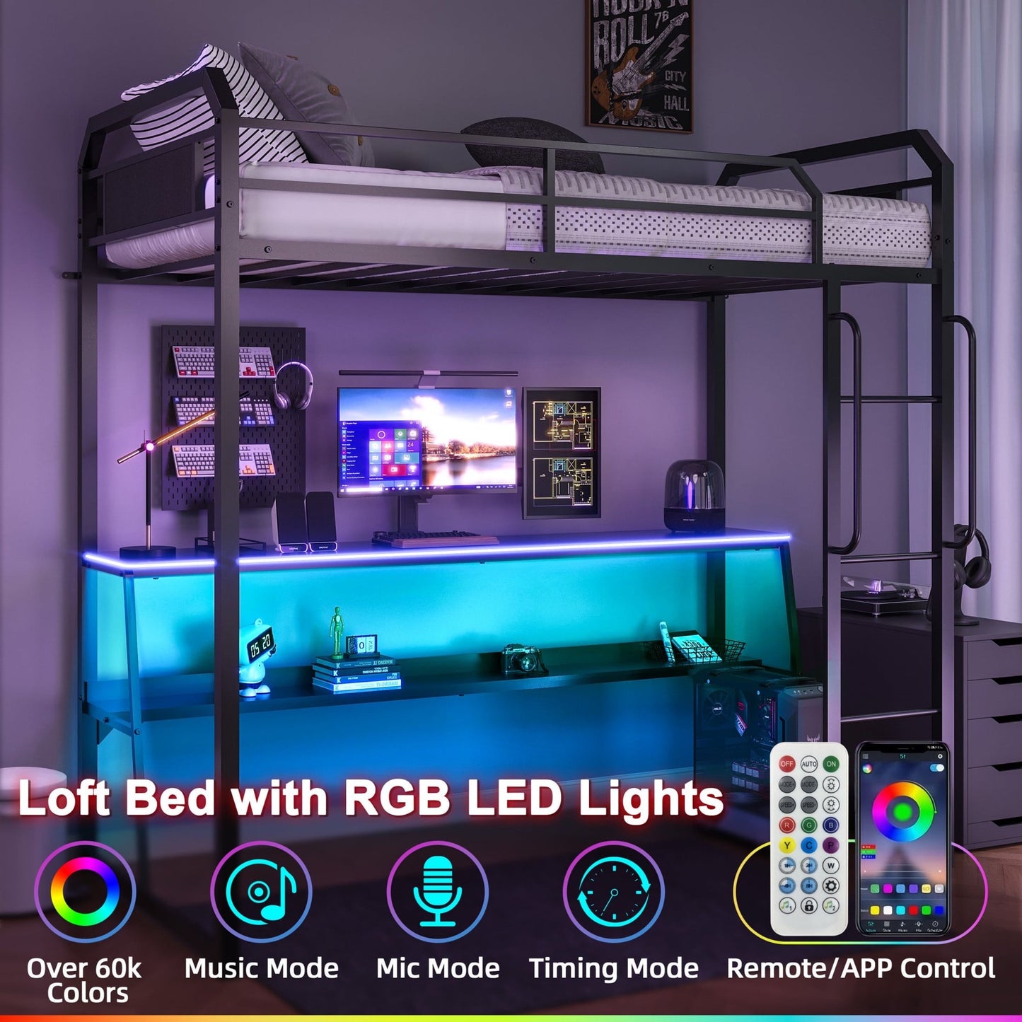 Sesslife Twin Loft Bed with LED Lights, Metal Twin Size Loft Bed Frame with Desk, Ladder Long Handrails and Safety Guardrail for Kids and Teens, Anti-Tipping Device, No Box Spring Needed, Black