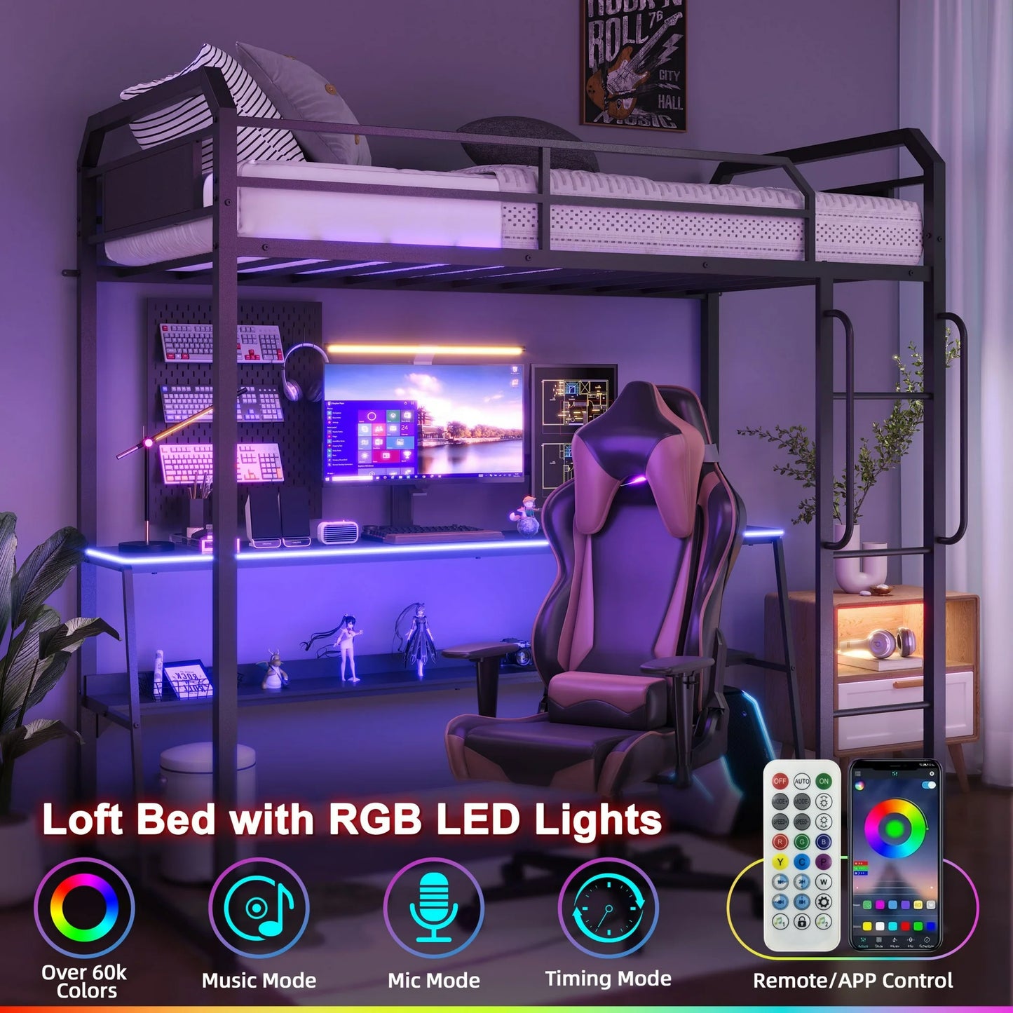 Sesslife Twin Size Loft Bed Frame with 2-Tier LED Desk, Heavy Duty Metal Loft Bed for Kids Teens with Ladder, Long Handrails and Safety Guardrail, Anti-Tipping Device, No Box Spring Needed, Black