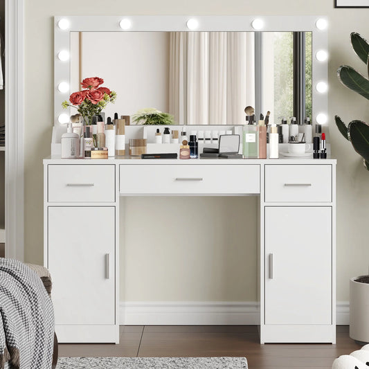 Sesslife Vanity Desk with 3 Color Lighted Mirror, Makeup Dressing Table with 3 Drawers 2 Cabinets and Open Storage Space for Girls Women, Modern Vanity Table for Bedroom Dressing Room, White