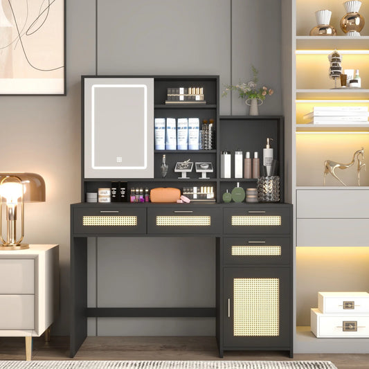 Sesslife Vanity Desk with Drawers and Mirror, Modern Makeup Dressing Table with 3 Colors LED Light Movable Mirror and Open Shelves, Dressing Table Rattan Organizer for Girls, Women, Black