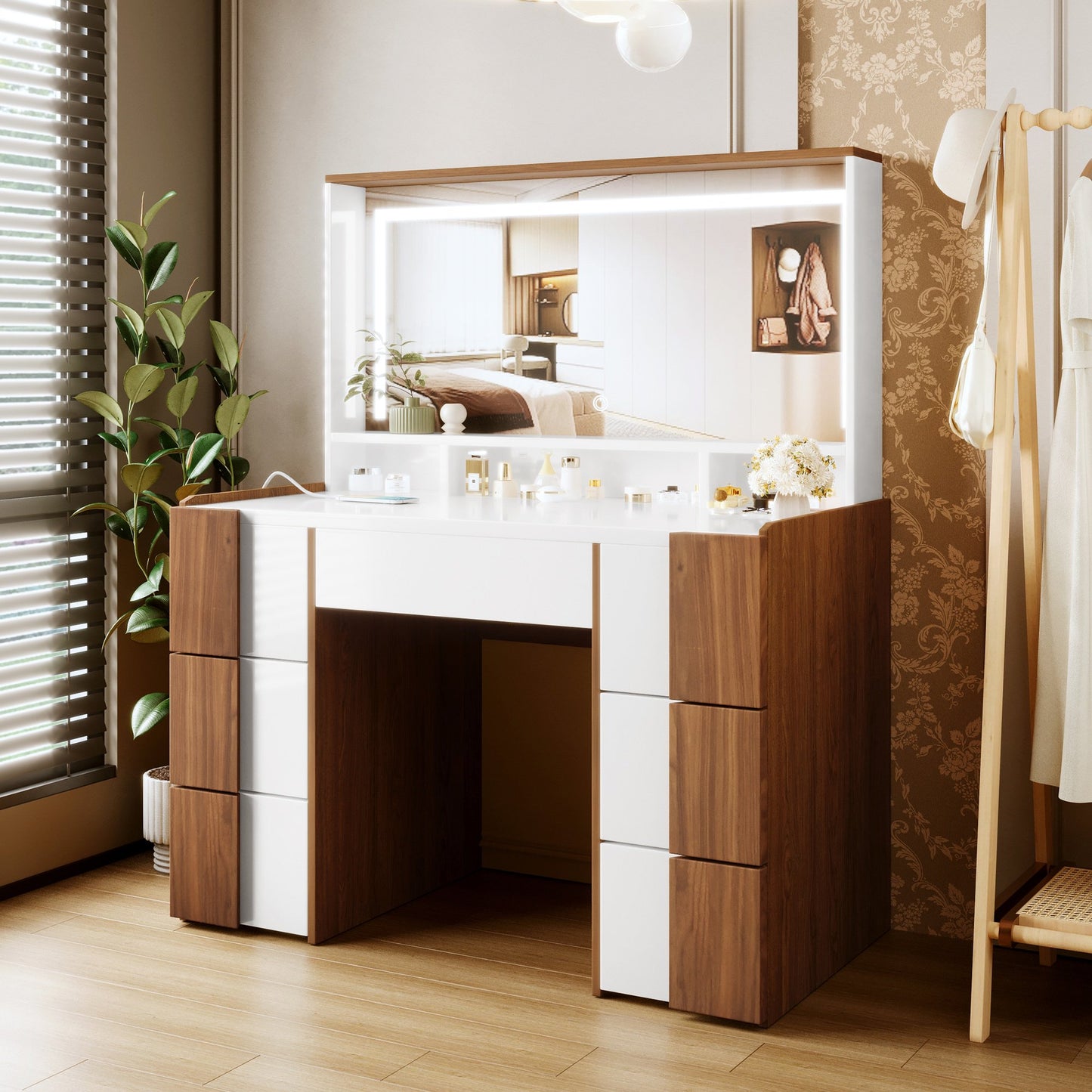 Sesslife Vanity Desk with LED Light Mirror, Elegant Makeup Dressing Table with 7 Drawers and Storage Shelves for Living Room Dressing Room, Vanity Table with Charging Station for Girls Women, White