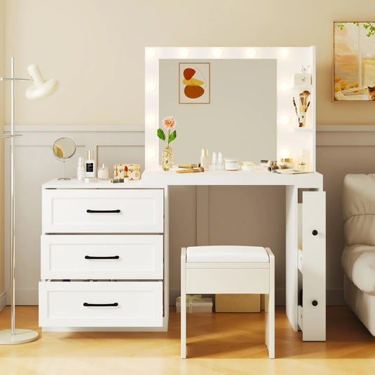 Sesslife Vanity Desk with Mirror and Lights, Makeup Vanity Table with Adjustable Cabinets, 3 Drawers and 2 Storage Shelves for Living Room Dressing Room, Modern Dressing Table for Girls Women, White