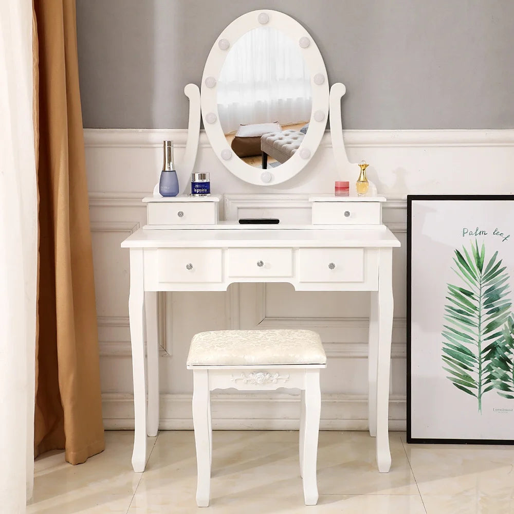 Sesslife Makeup Vanity with Mirror and 10 LED Lights, Modern Makeup Table Set with 5 Drawers for Girls Women, Vanity Desk with Cushioned Stool Set for Bedroom, Dressing Vanity Table Set, White