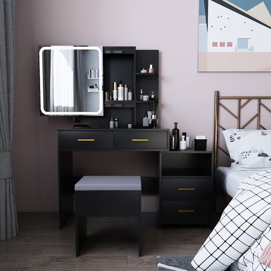 Sesslife Vanity Set with 5 Drawers and Cushioned Stool, Makeup Dressing Table with LED Side Cabinet and Mirror, Vanity Desk Set with Charging Station and Storage Shelves for Bedroom, Black