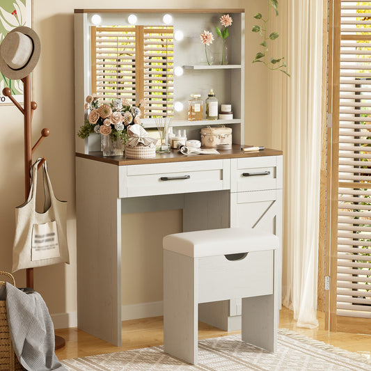 Sesslife Vanity Desk Set with LED Lighted Mirror, Farmhouse Dressing Table with Storage Stool for Dressing Room, Wood Makeup Vanity Table Set with 2 Drawers and 1 Cabinet for Girls Women, White
