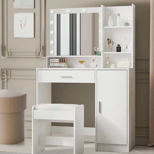 Sesslife Vanity Set with 3 Color Lighted Mirror, Modern Makeup Desk with 3 Level Cabinet & Storage Shelves & 1 Drawer, Multi-Functional Dressing Table Set with Cushioned Stool for Girls Women, White