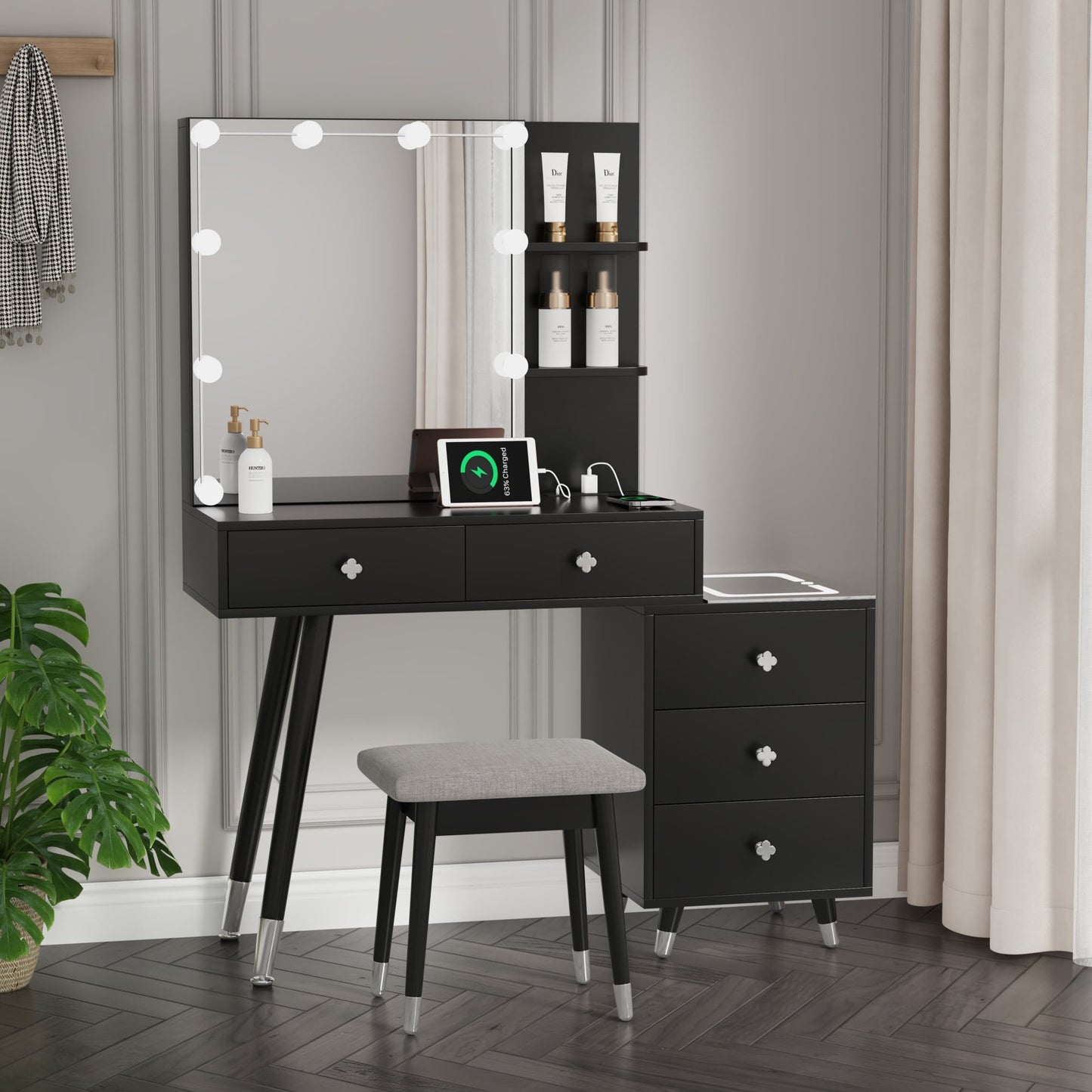 Sesslife Vanity Set with 5 Drawers and Cushioned Stool, Makeup Dressing Table with LED Side Cabinet and Mirror, Vanity Desk Set with Charging Station and Storage Shelves for Bedroom, Black