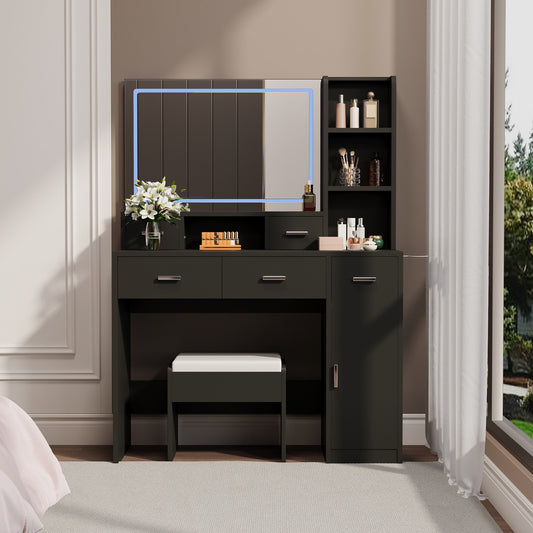 Sesslife Vanity Set with Cushioned Stool, Makeup Dressing Table with LED Light Mirror and Charging Station, Vanity Desk Set with Drawers, Storage Cabinet and Hair Dryer Rack for Girls Women, Black