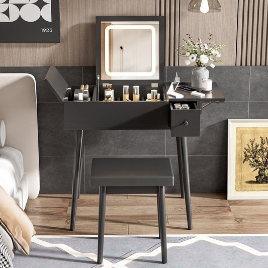 Sesslife Vanity Set with Flip Top LED Mirror and Cushioned Stool, Versatile Makeup Dressing Table with Charging Station and Fold-up Panel, Vanity Desk with Storage Drawers and Compartments, Black