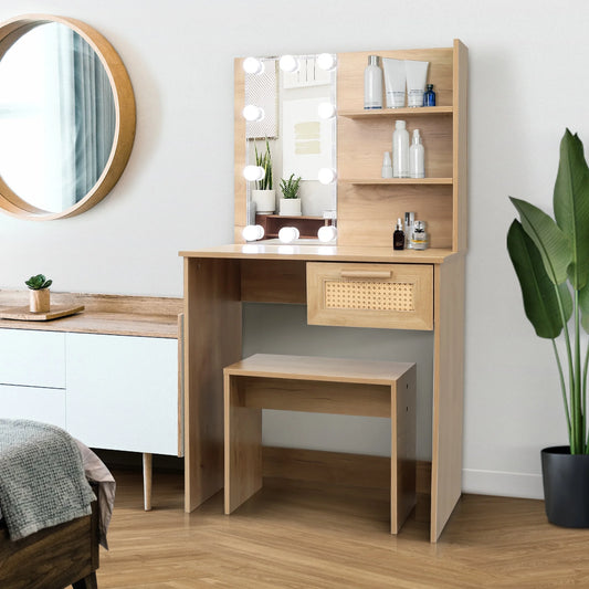Sesslife Vanity Set with LED Lighted Mirror, Makeup Dressing Table with Stool and Drawer for Girls Women, Vanity Desk Set with Open Shelves, Anti-Tipping Design, for Bedroom Dressing Room, White
