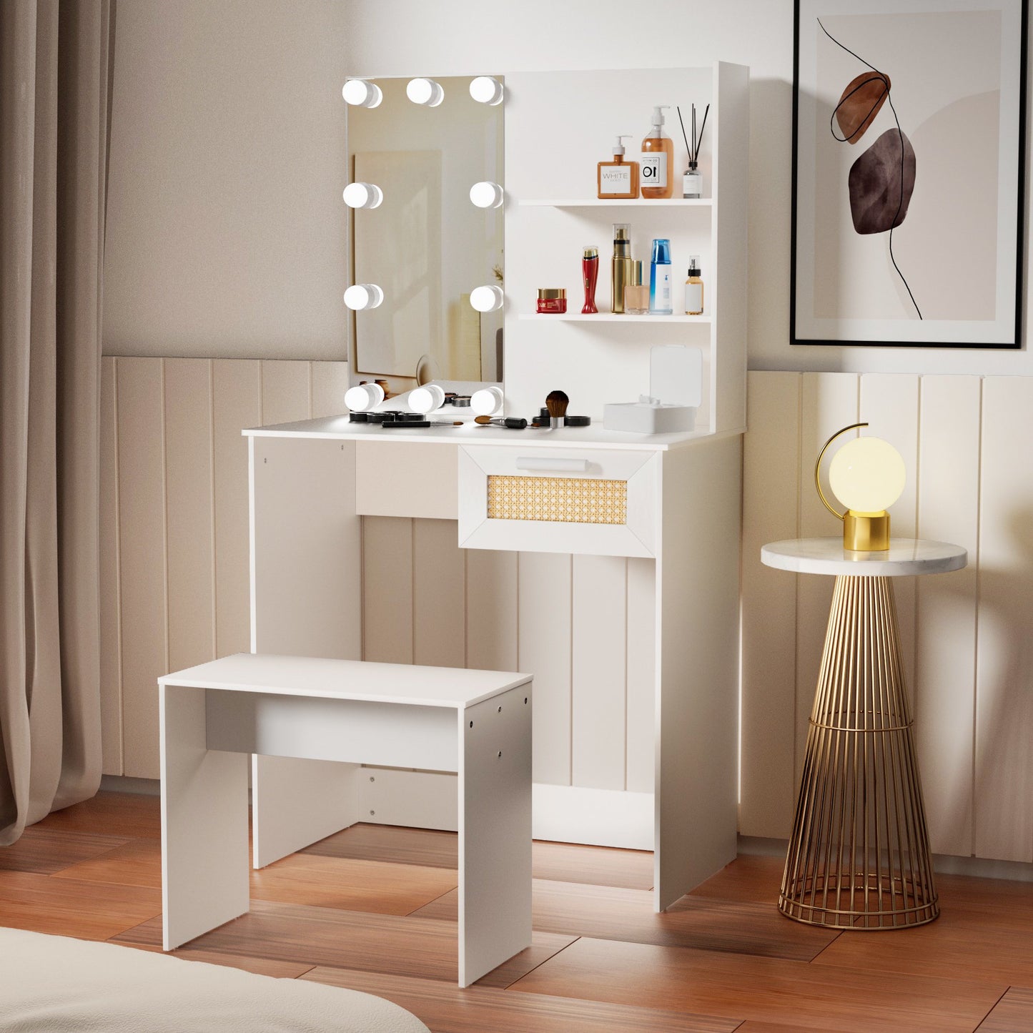 Sesslife Vanity Set with LED Lighted Mirror, Makeup Dressing Table with Stool and Drawer for Girls Women, Vanity Desk Set with Open Shelves, Anti-Tipping Design, for Bedroom Dressing Room, White