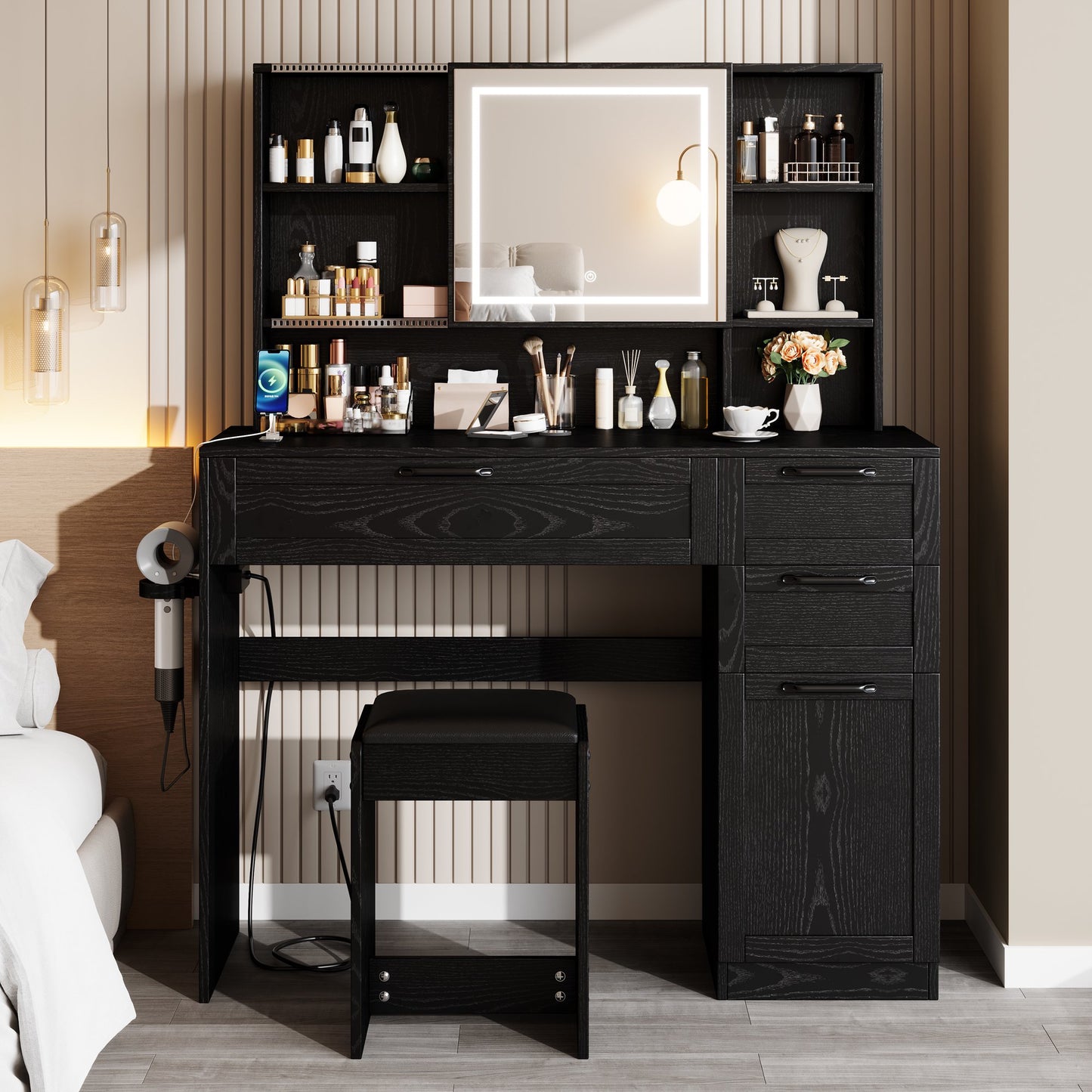 Sesslife Vanity Set with LED Sliding Mirror, Makeup Table with 3 Drawers and 1 Storage Cabinet, Modern Makeup Dressing Desk Set for Women Girls with Stool, Charging Station and Hair Dryer Rack, Black