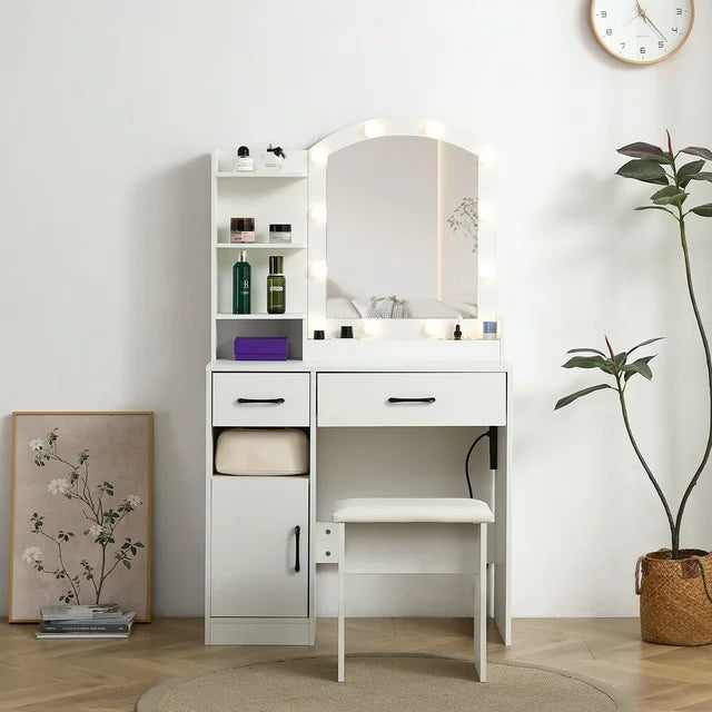 Sesslife Makeup Vanity with Lighted Mirror, Vanity Table with a Drawer & Cushioned Stool, Vanity Desk with Stool, for Girls, Women, Bedroom, White
