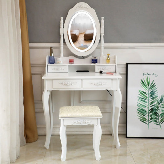 Sesslife Vanity Table Set with LED Lighted Mirror for Living Room Dressing Room, Makeup Dressing Table Set with Cushioned Stool and 4 Storage Drawers, Modern Vanity Set for Girls Women, White