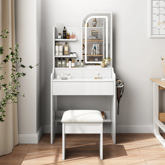 Sesslife Vanity Table Set, Makeup Dressing Table with 3 Colors Mirror and Hair Dryer Holder, Vanity Desk Set with Stool & 3 Drawers & Open Shelves for Girls, Women, White