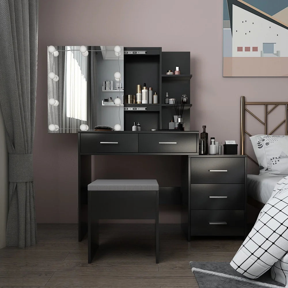 Sesslife Vanity Set with 5 Drawers and Cushioned Stool, Makeup Dressing Table with LED Side Cabinet and Mirror, Vanity Desk Set with Charging Station and Storage Shelves for Bedroom, Black