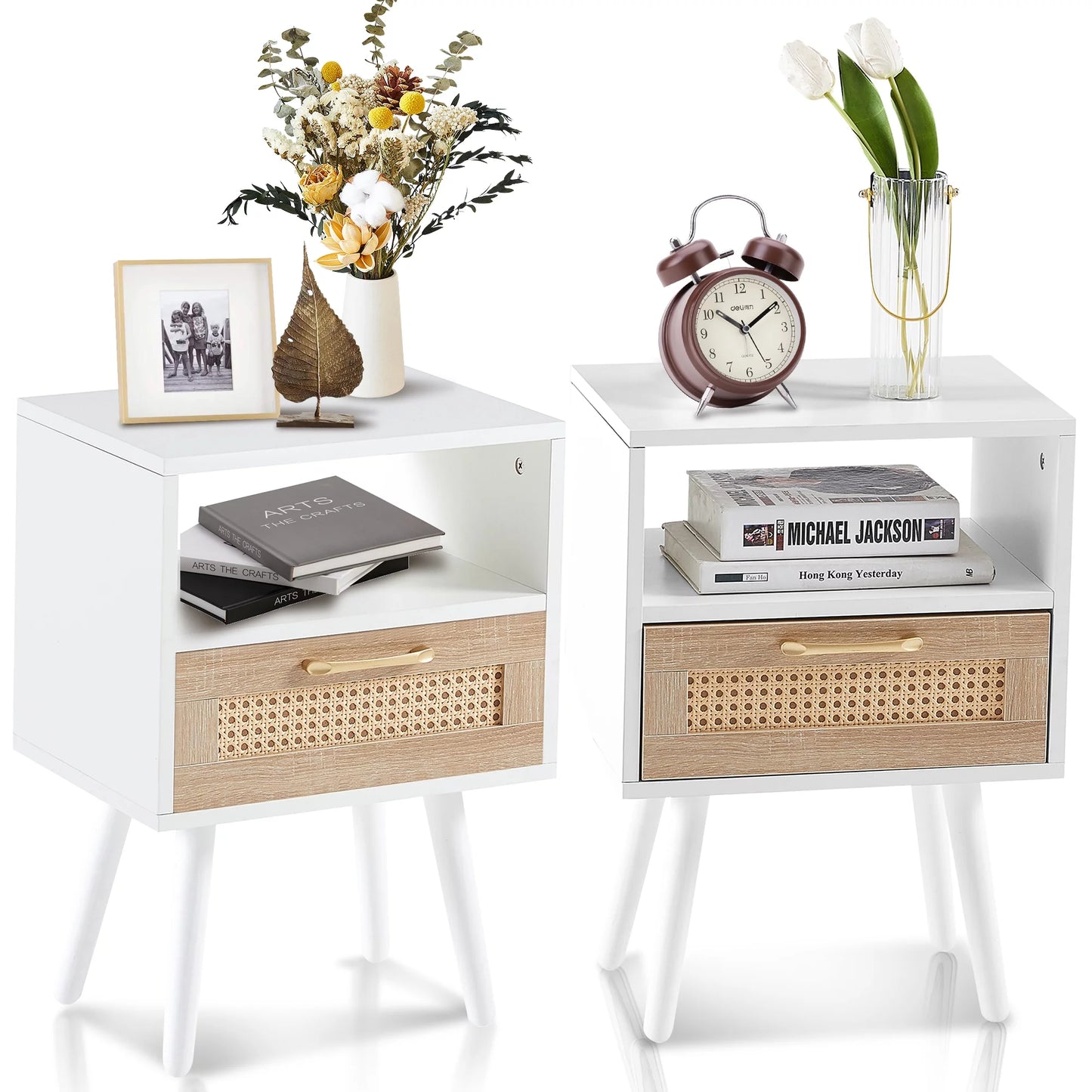 Sesslife White Night Stand Set of 2, Solid Wood Legs Furniture Bedside Table, Modern End Side Table with a Drawer and Shelf, Versatile Nightstand, Side Table for Home & Office