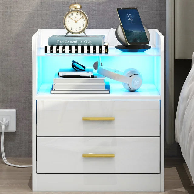 Sesslife White Night Stand with 2 Drawers & LED lights, Solid Wood Legs Furniture Bedside Table, Modern End Side Table, Versatile Nightstand, Side Table for Home & Office