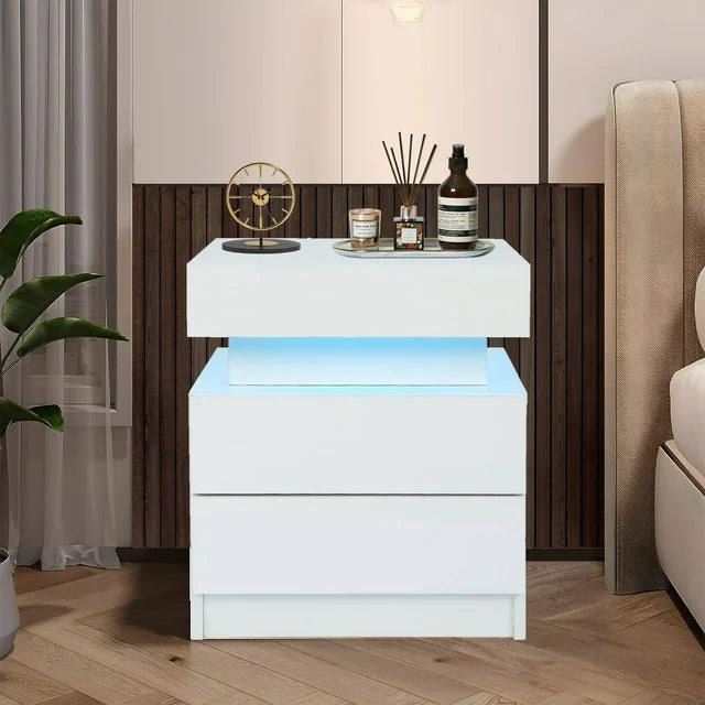 Sesslife White Night Stand with 2 Drawers & LED lights, Solid Wood Legs Furniture Bedside Table, Modern End Side Table, Versatile Nightstand, Side Table for Home & Office