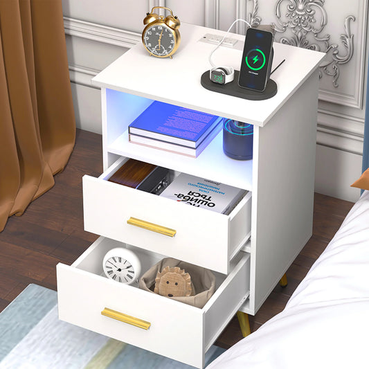 White Nightstand with Charging Station, Bedside Table with LED Lights Strips, Modern End Side Table, Versatile Nightstand with Drawers, Side Table for Home and Office