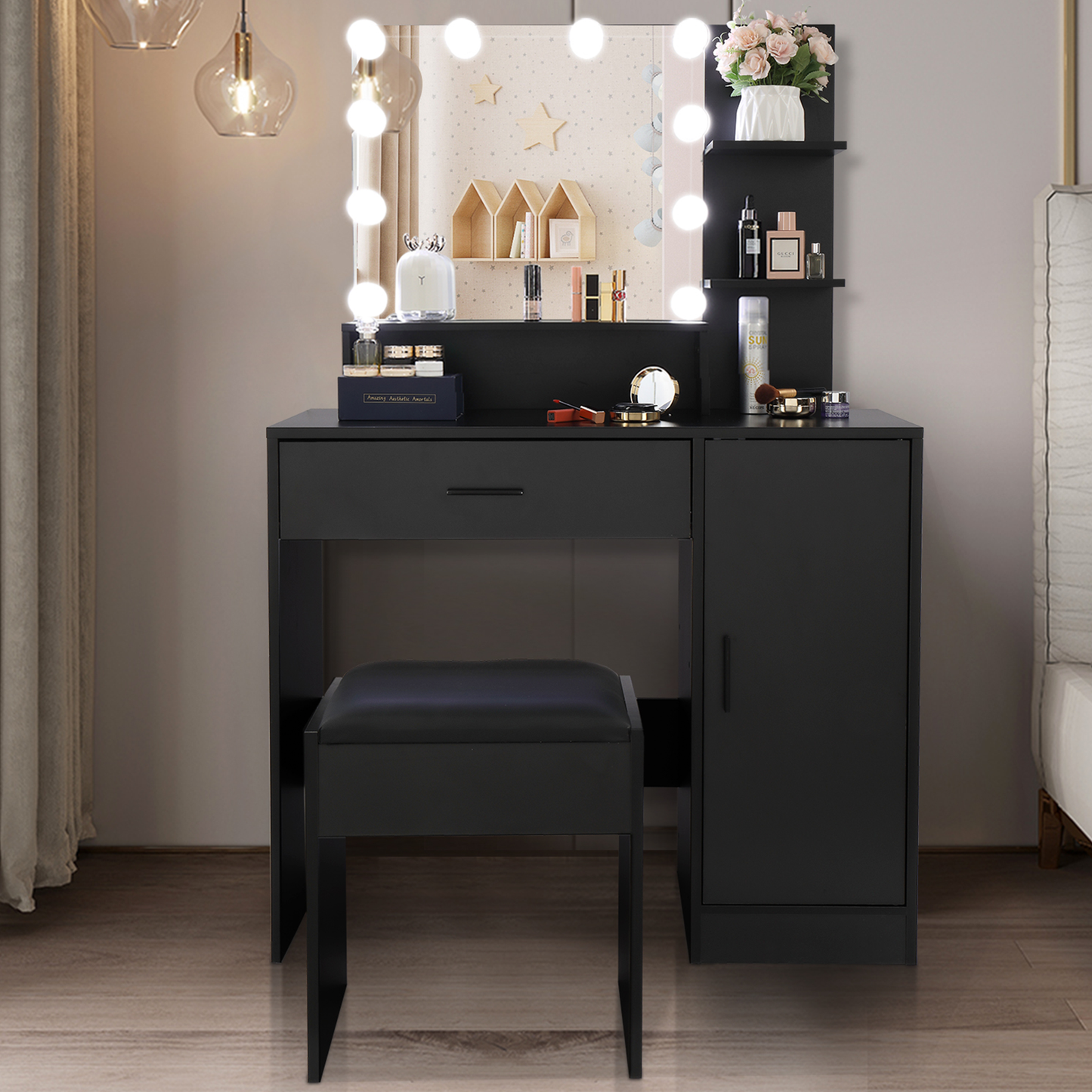 Sesslife Makeup Vanity Set with Bulbs Mirror, Dressing Table with Large Drawer, Vanity Table for Girls, Women, Pink