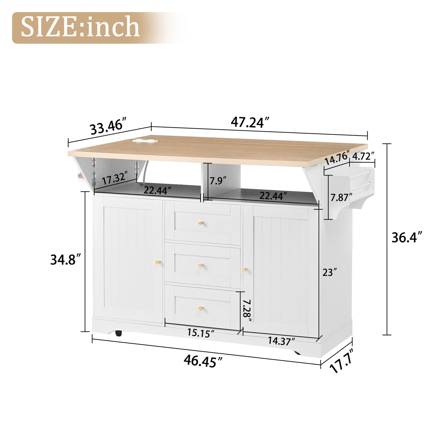 SESSLIFE Kitchen Island with Power Outlet, Large Rolling Kitchen Cart with Drop Leaf Table, Mobile Storage Kitchen Workstation with Drawers, White