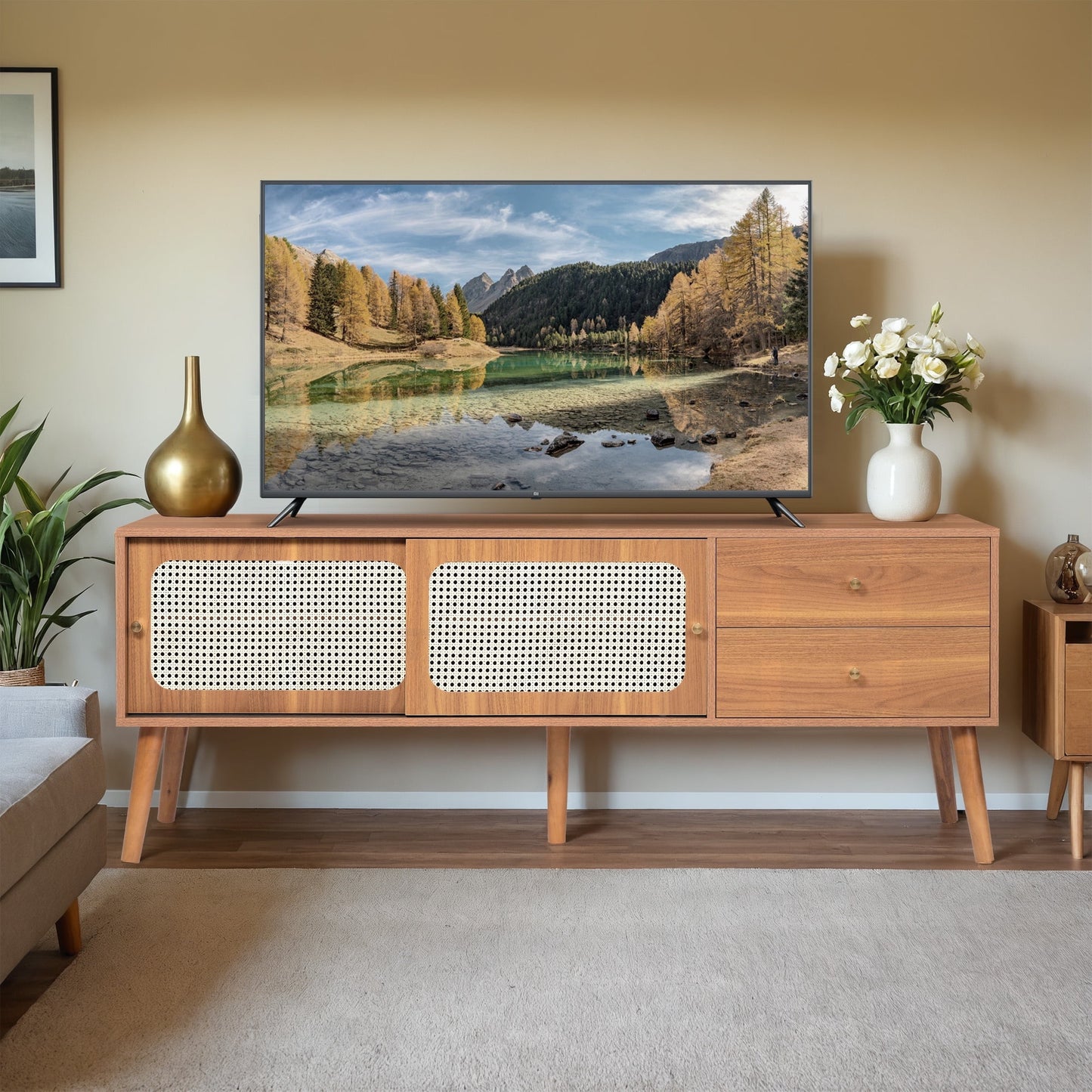 Rattan TV Stand for 65" inch TV, Mid-Century Modern Entertainment Center TV Table with 2-Drawers, 2-Storage Shelves, Rattan Sliding Doors, Rattan TV Cobinet for Living Room & Bedroom, Walnut