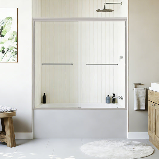 SESSLIFE Sliding Shower Door, Modern Semi-Frameless Style with Explosion-Proof Film and Anti-Leak Design, 56-60"W Adjustable Width with Certified Safety Glass, Brushed Nickel